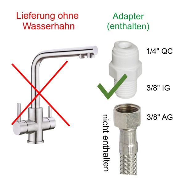 Lieferung ohne Wasserhahn dafür Adapter auf bestehenden Wasserhahn mit 3/8 IG